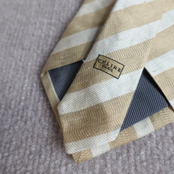 Celine Mens Tie Yellow Striped Jacquard Silk Made in Spain - Picture 6 of 9